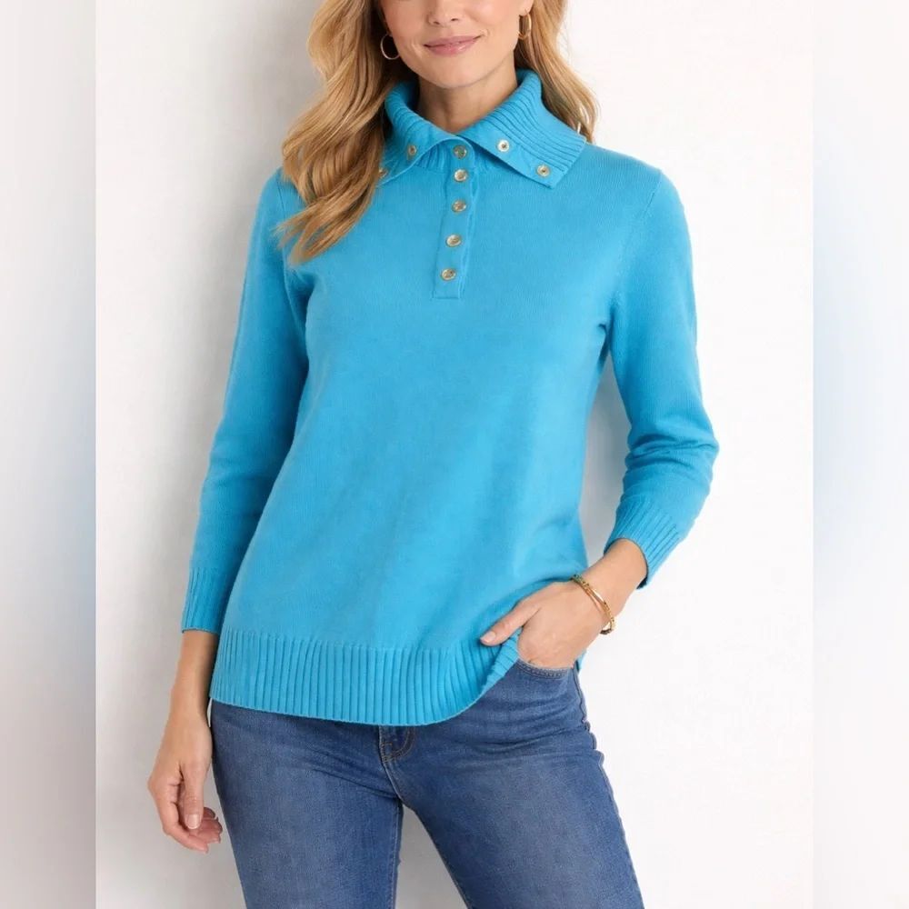 Lauren Ralph Lauren Turquoise Sweater Women 1X Button Mock Neck Preppy Classic